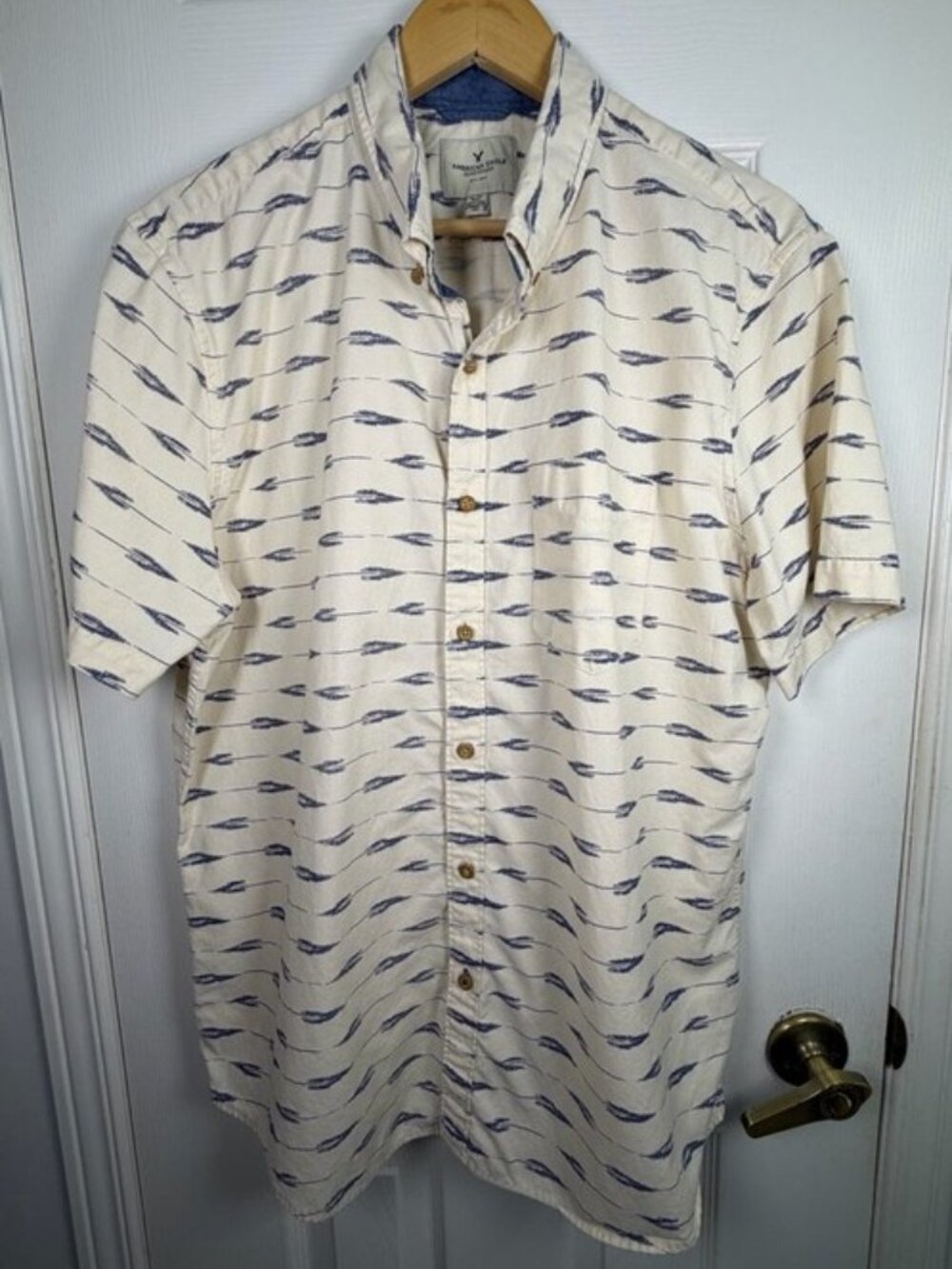 Men's Cream Navy Wave Print Button-Up Shirt XL 100% Cotton Coastal Preppy Casual